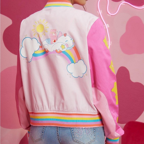 CARE BEARS Rainbow Varsity Bomber Racing Jacket Girls Juniors Size Medium NEW - Picture 2 of 8